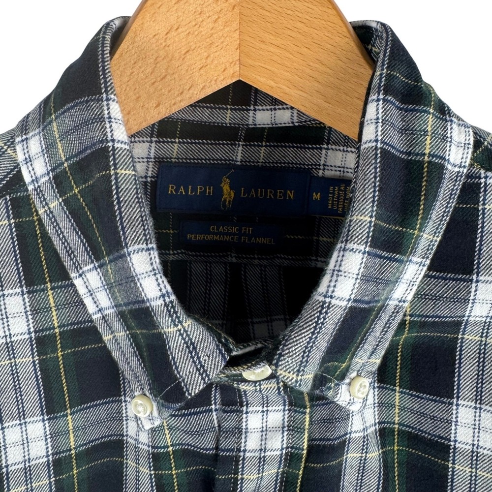 Ralph Lauren Classic Fit Performance Flannel Plaid Shirt Mens M Green Navy